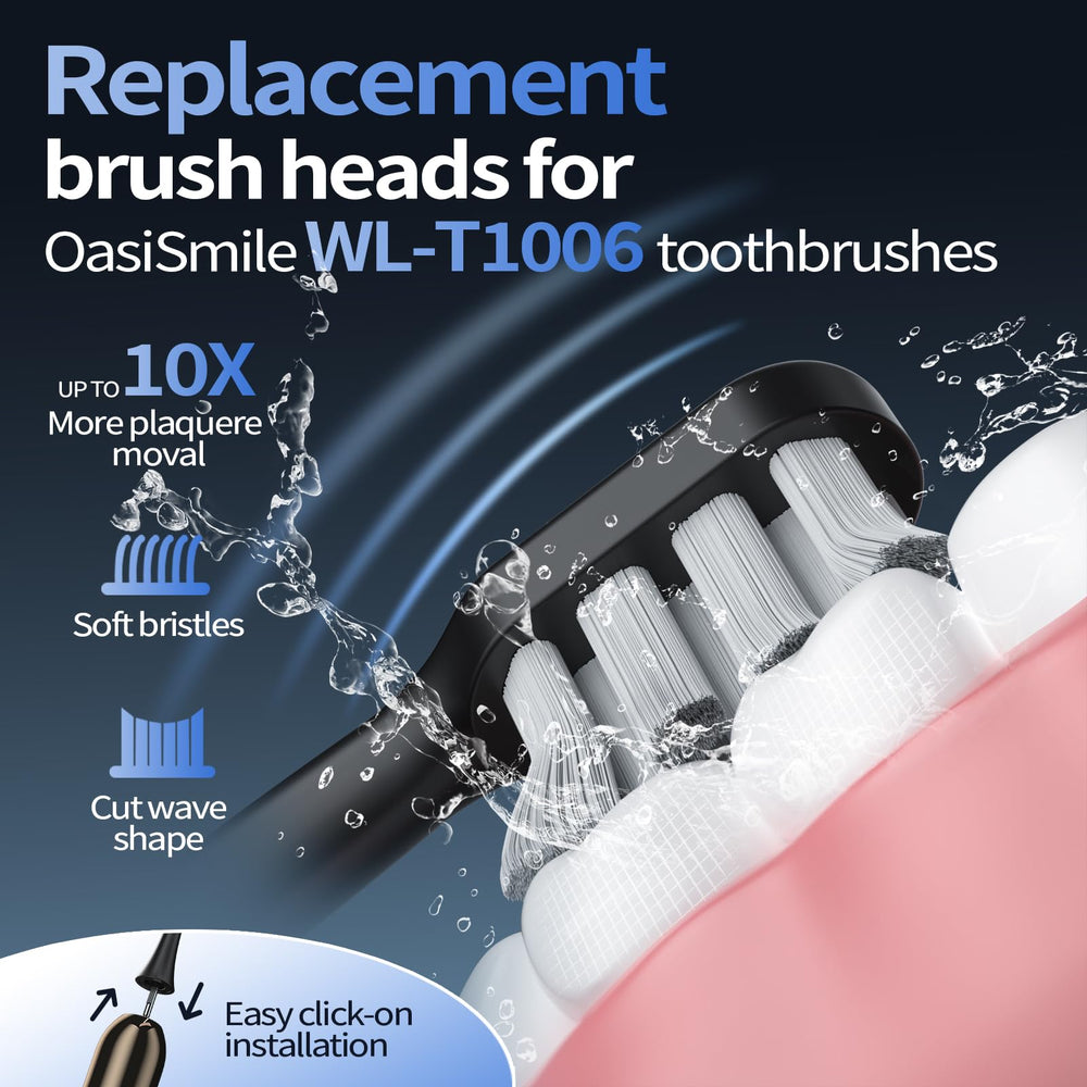 Close-up of replacement brush heads compatible with OasiSmile WL-T1006, black