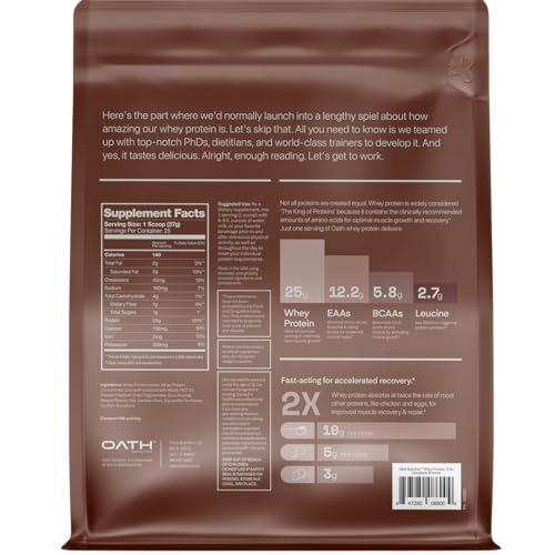 Oath Nutrition whey protein powder Chocolate Brownie scoop beside tub for quick shakes.