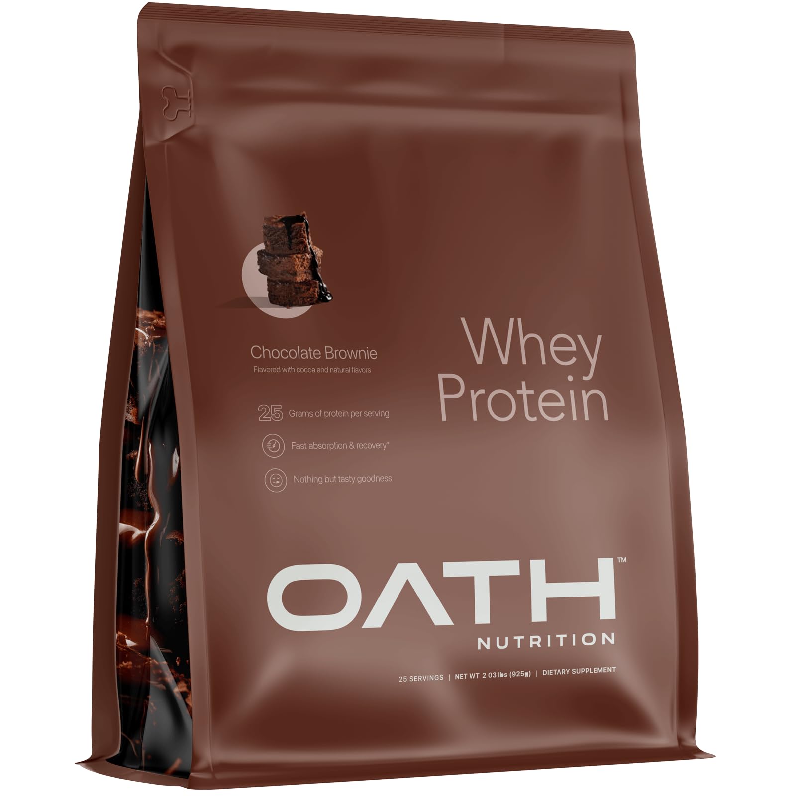 Oath Nutrition whey protein powder Chocolate Brownie tub front for protein-packed fueling.