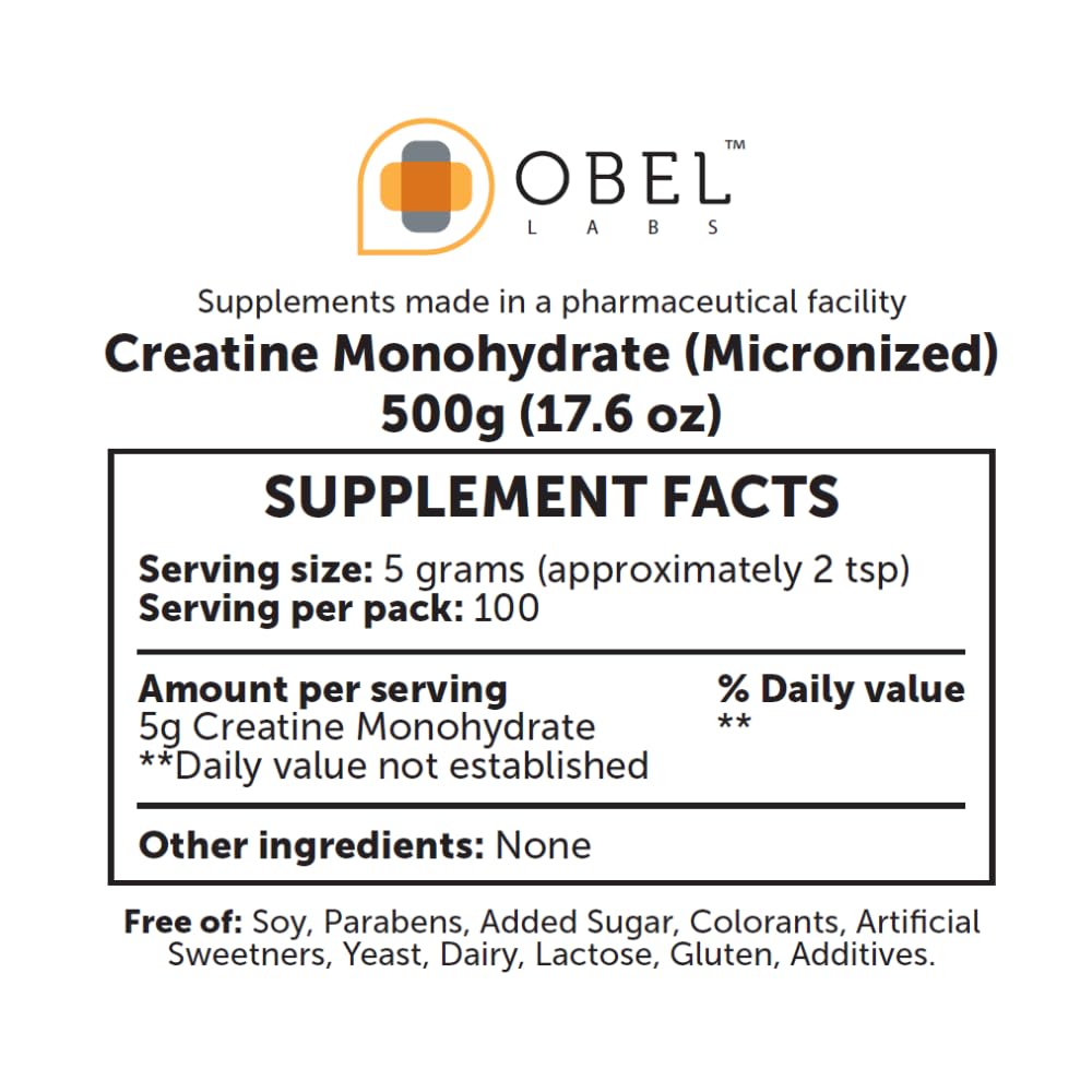 Obel Creatine Monohydrate Micronized 500g bottle back label