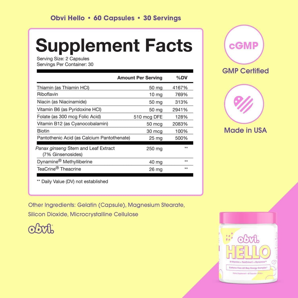 Obvi Hello ingredients panel showing collagen types I-V and botanicals