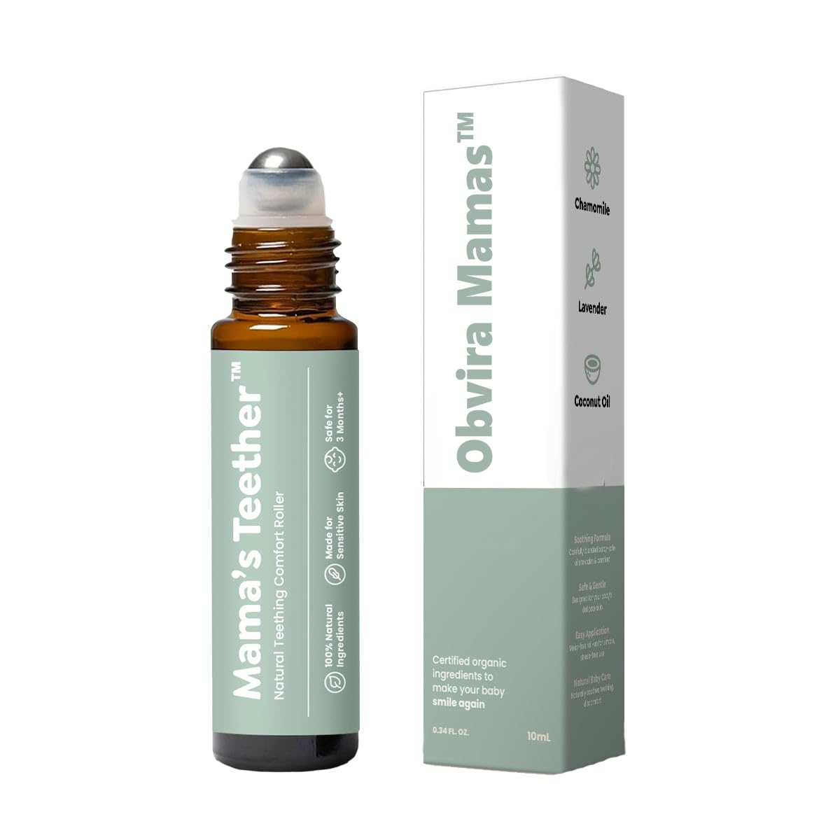 Obvira Mamas Teething Roller with Chamomile & Rose Oil glass bottle and roller applicator