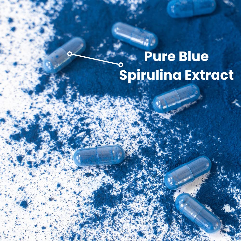 Close-up of Ocean Rx Blue Spirulina bottle and label