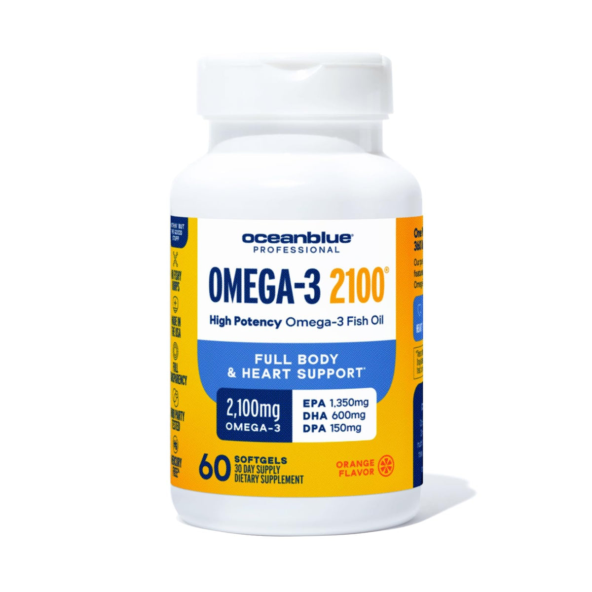 Oceanblue Omega-3 bottle with orange flavor label