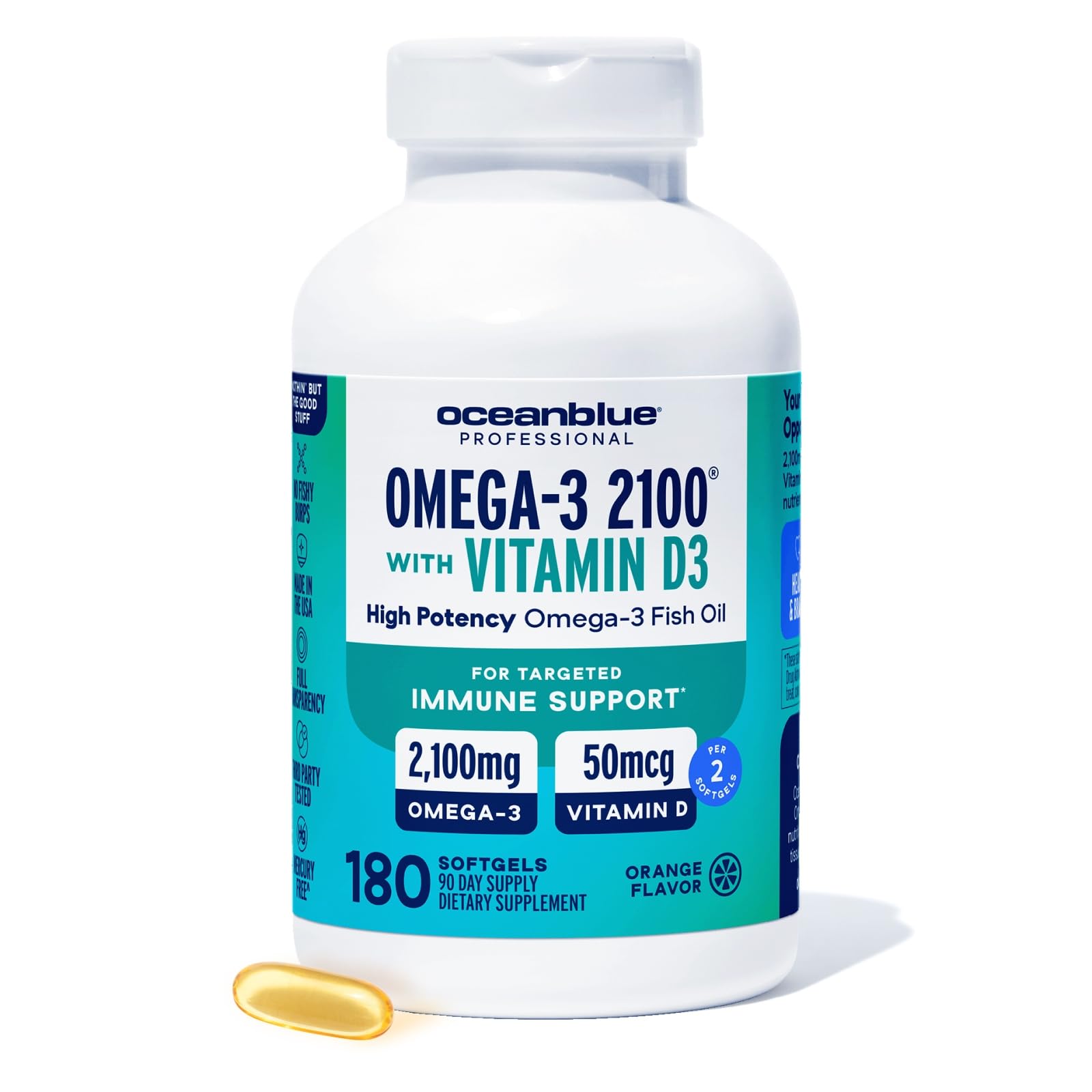 Oceanblue Omega-3 2100mg with Vitamin D3 burpless orange bottle front