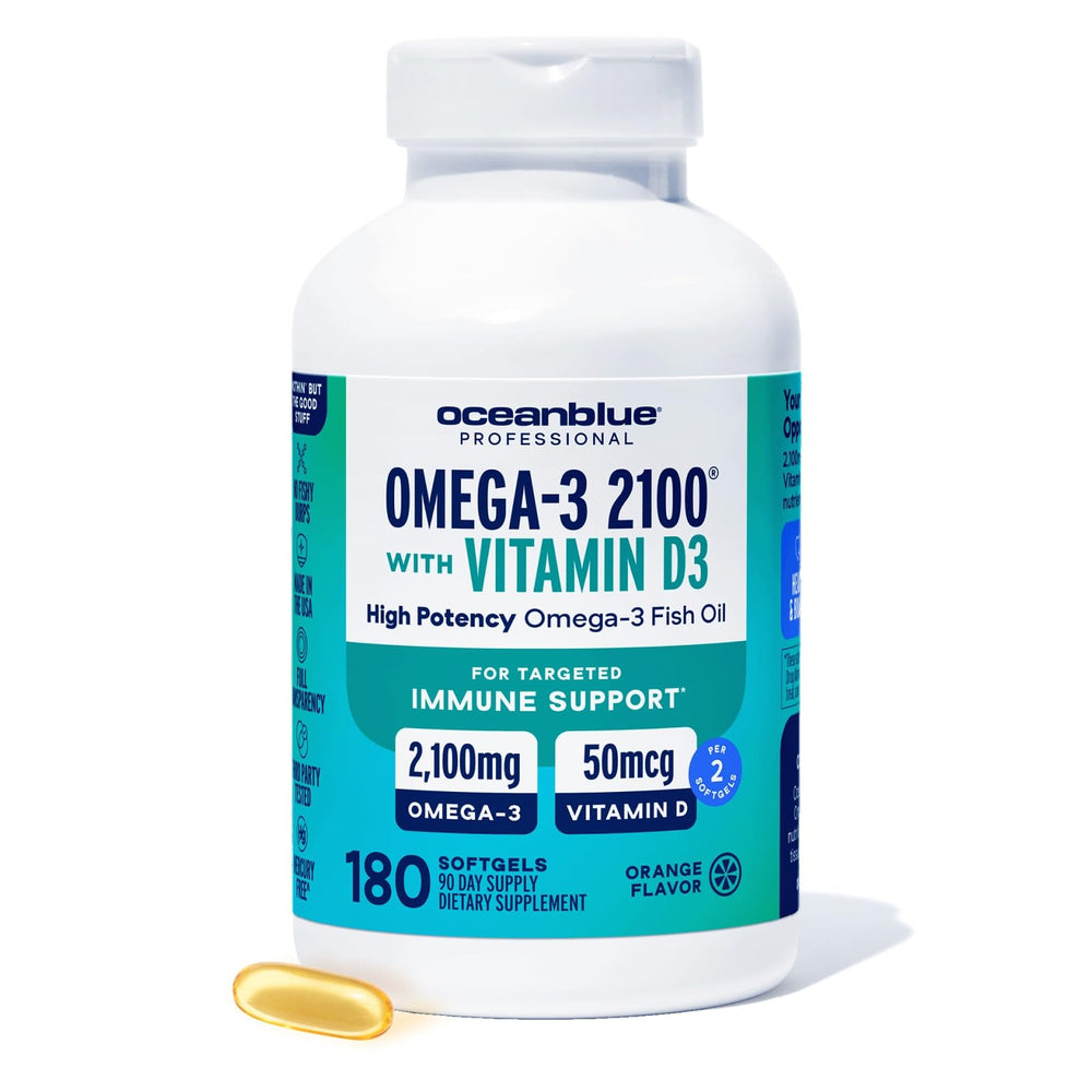 Oceanblue Omega-3 2100mg with Vitamin D3 burpless orange bottle front
