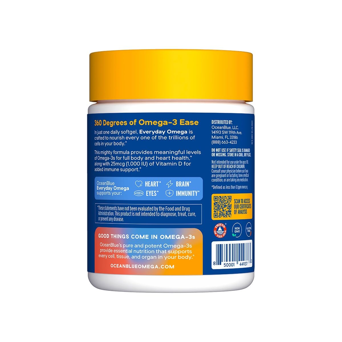 Oceanblue Omega-3 bottle label with orange flavor