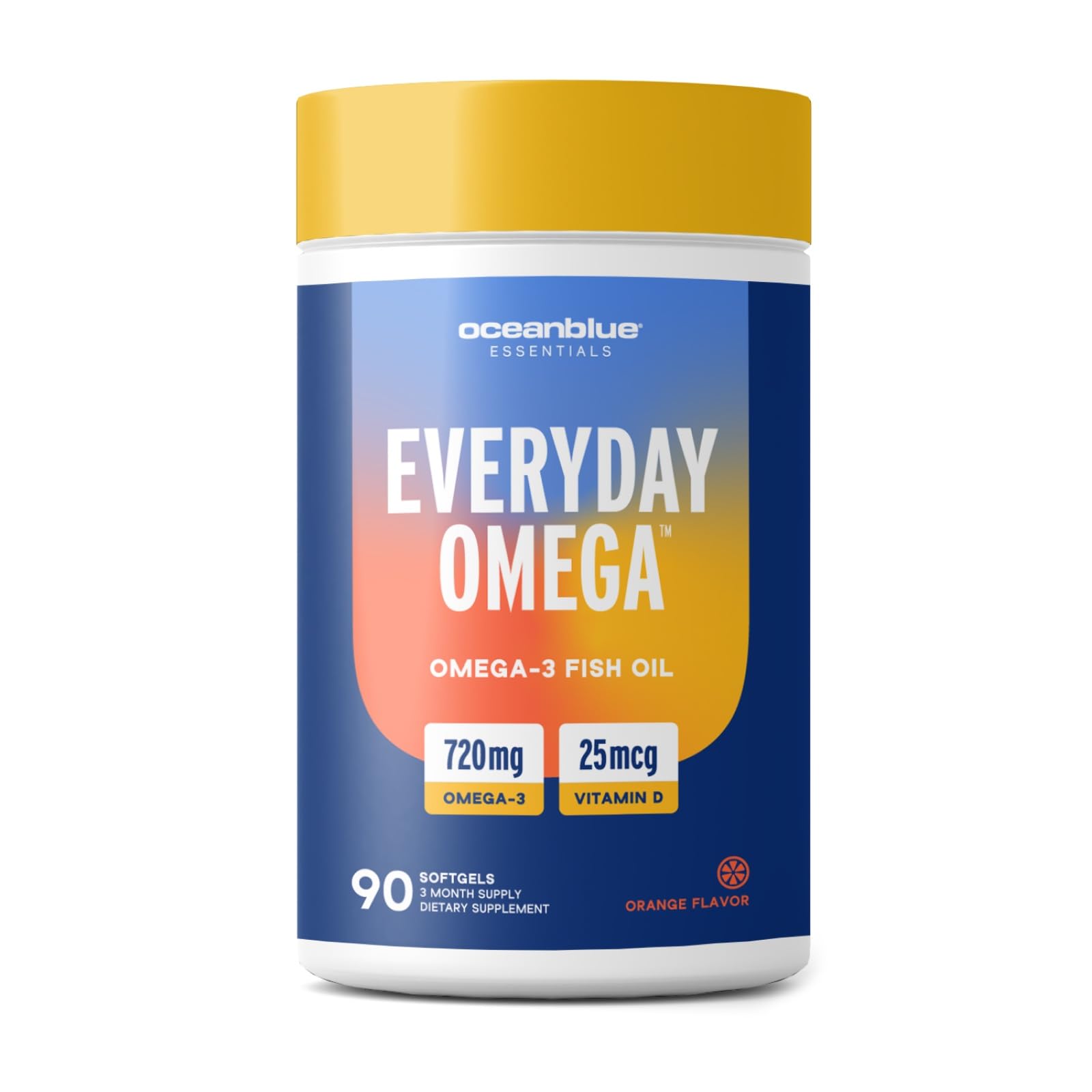 Oceanblue Essentials Omega-3 bottle front with orange flavor label