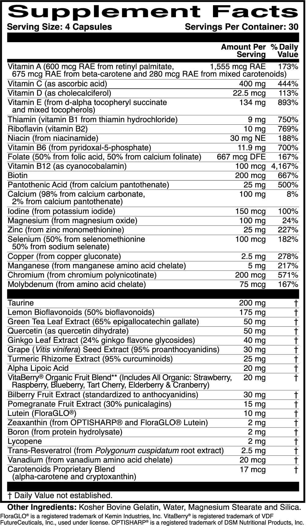 Nutrition panel and ingredients list of OcularProtect