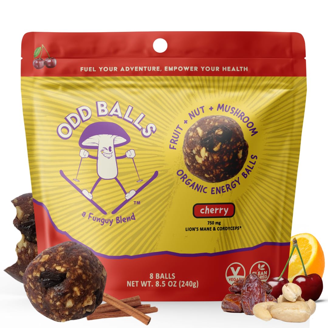 ODD BALLS energy balls cherry pack closeup shows focus-boosting Lion's Mane and Cordyceps.