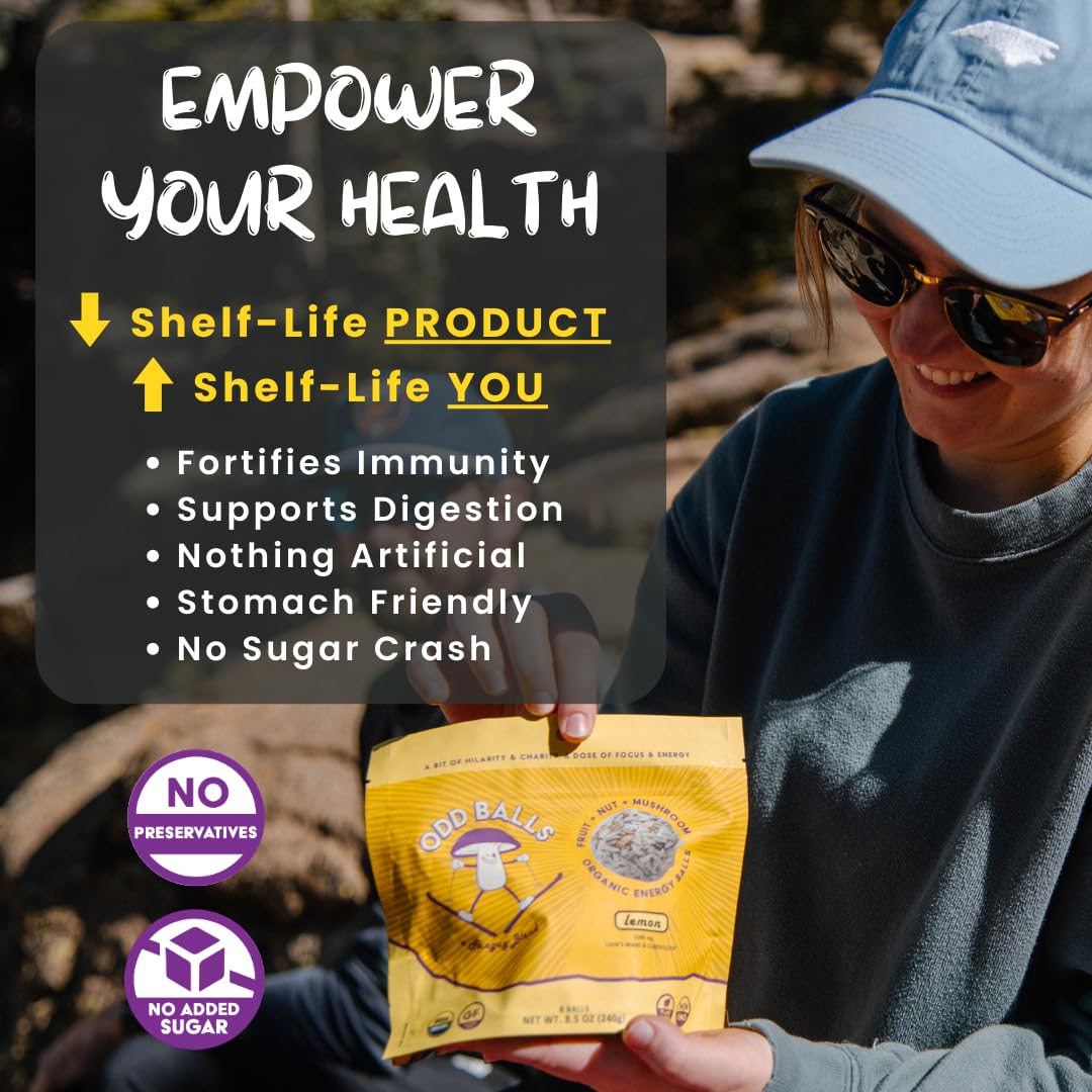 ODD BALLS Lemon energy balls bag open showing portion-friendly packaging.