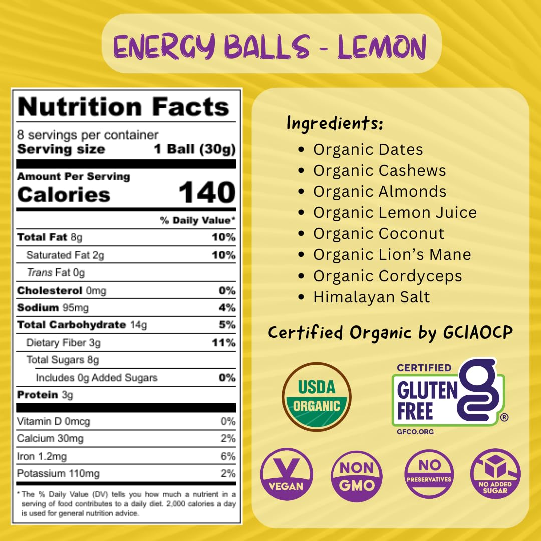 ODD BALLS Lemon energy balls closeup shows ingredients and beta glucans for immune-friendly snacking.