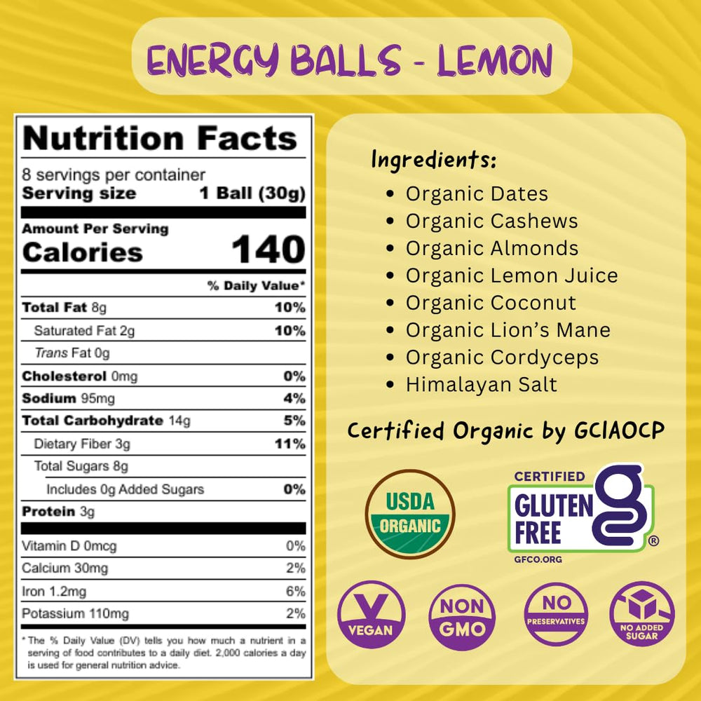 ODD BALLS Lemon energy balls closeup shows ingredients and beta glucans for immune-friendly snacking.