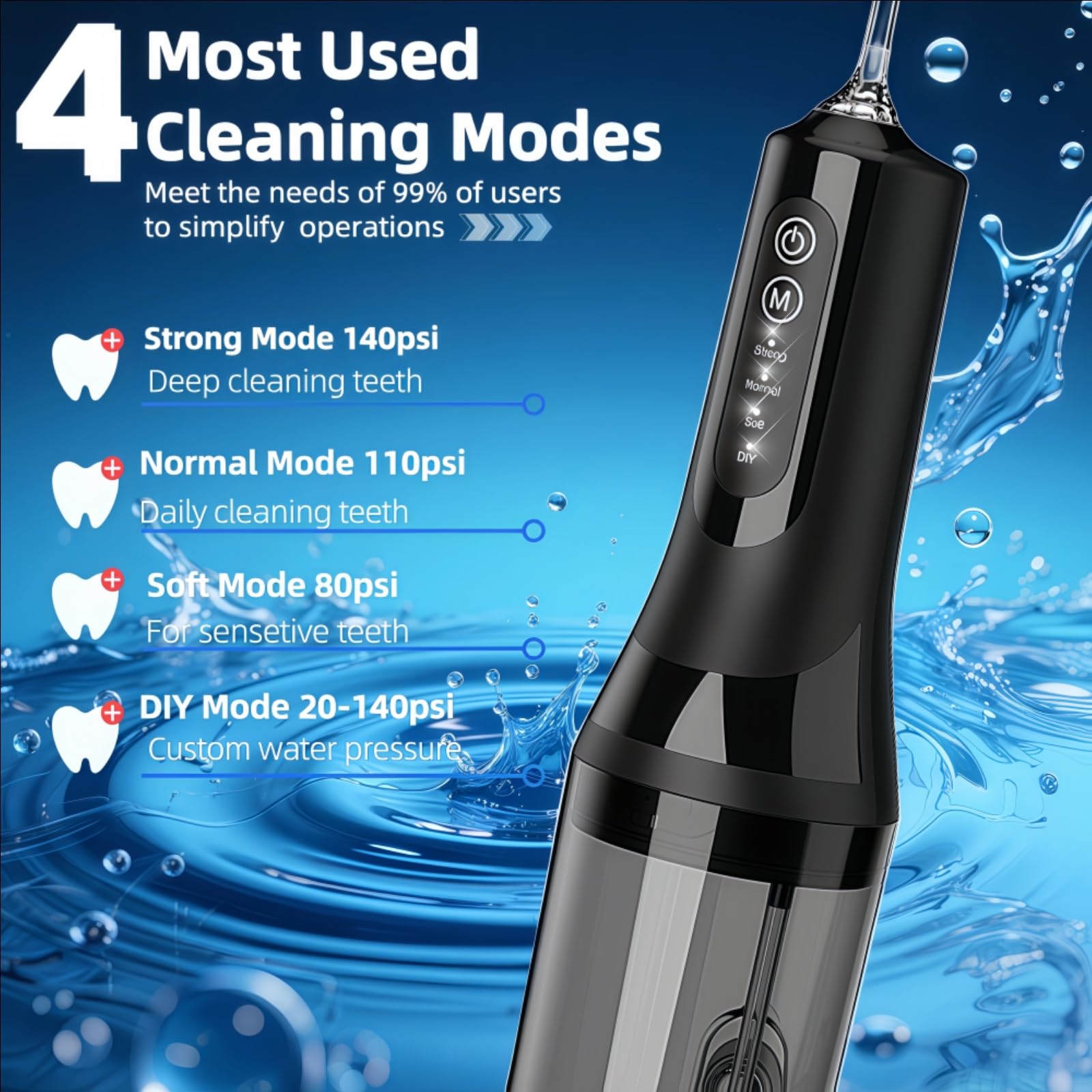 Diagram showing 4 cleaning modes on OFATRYLA flosser