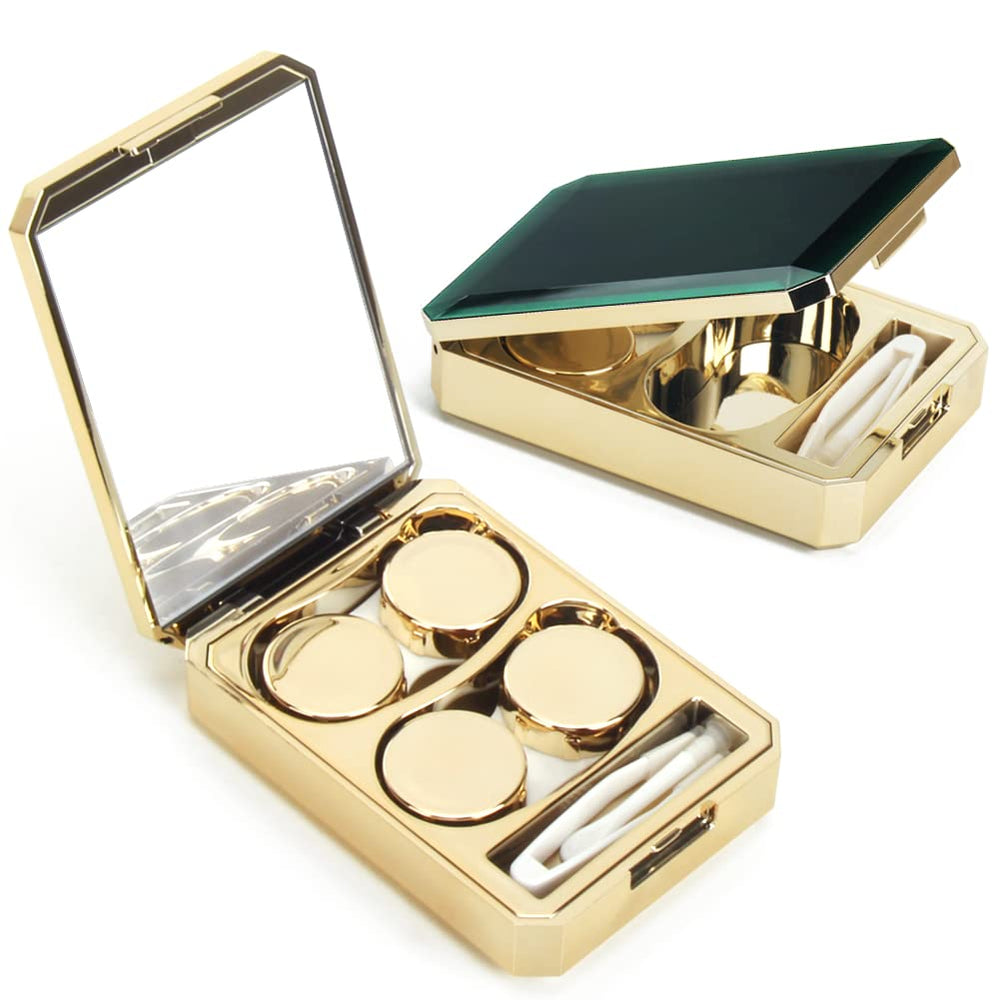Ofone 2-pack contact lens case with mirror in gold and green, front view