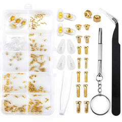 Close-up of gold eyeglass screws from the kit