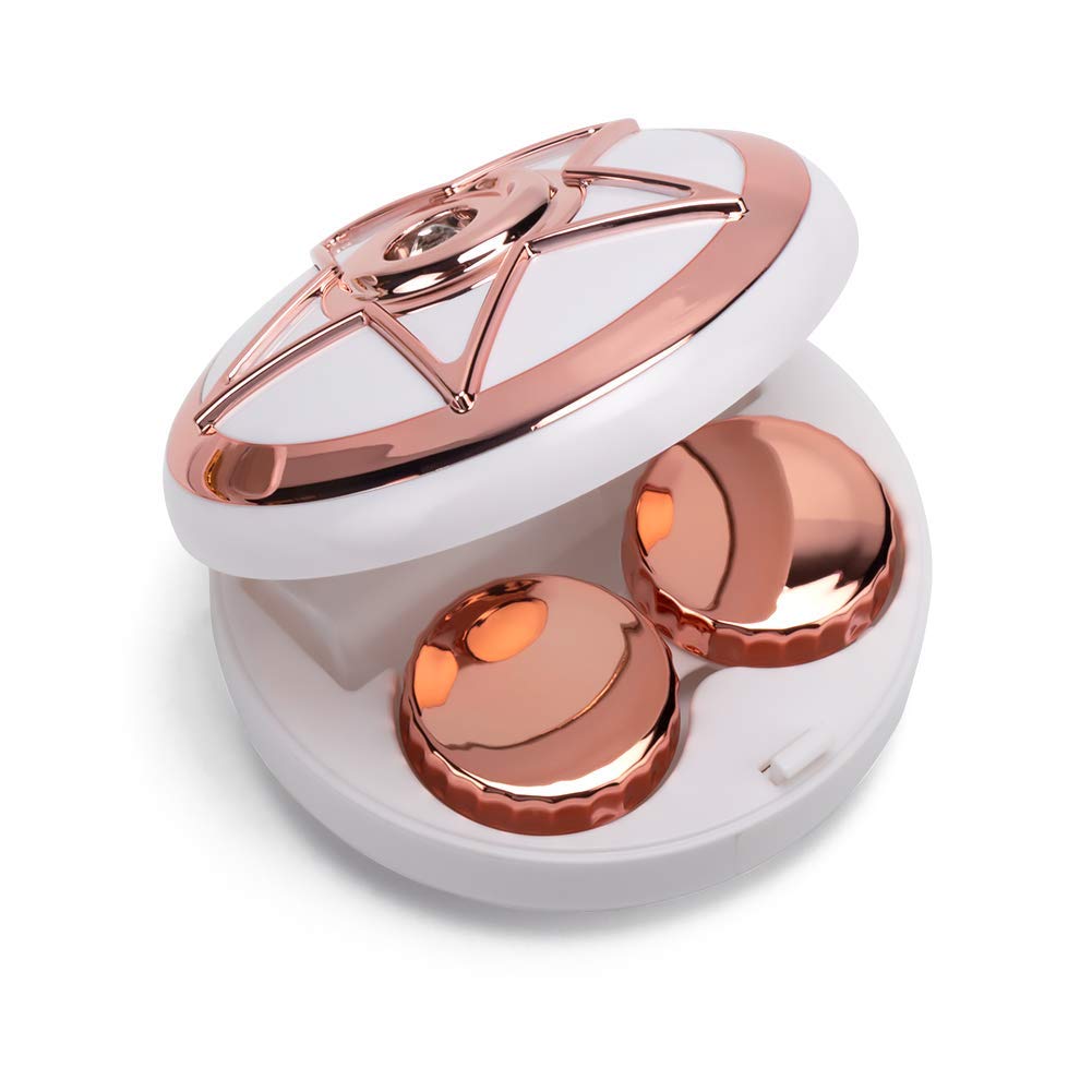 Open rose gold ofone contact lens case with built-in mirror