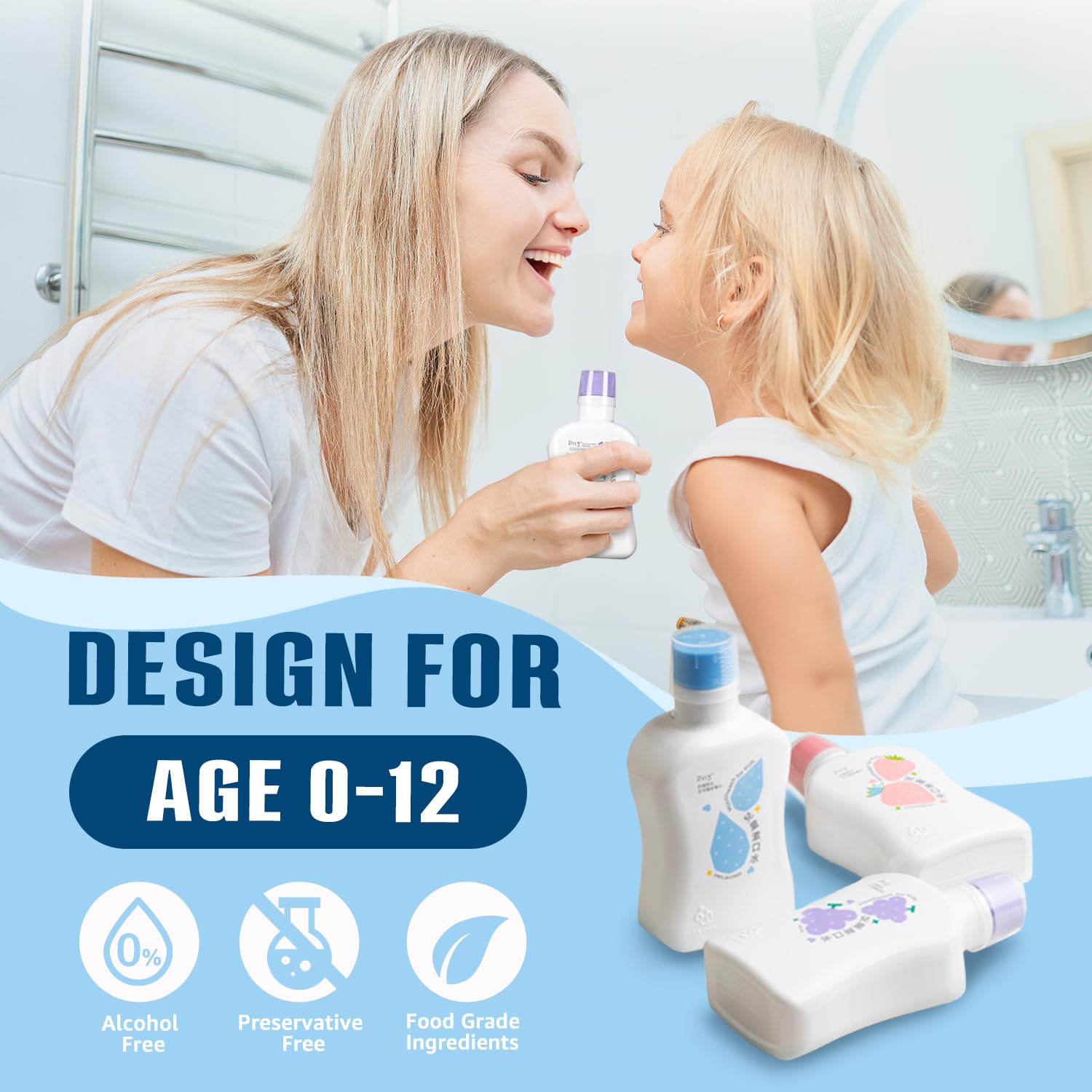 Kid-friendly packaging and strawberry flavor imagery on bottle