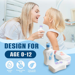 Kid-friendly packaging and strawberry flavor imagery on bottle