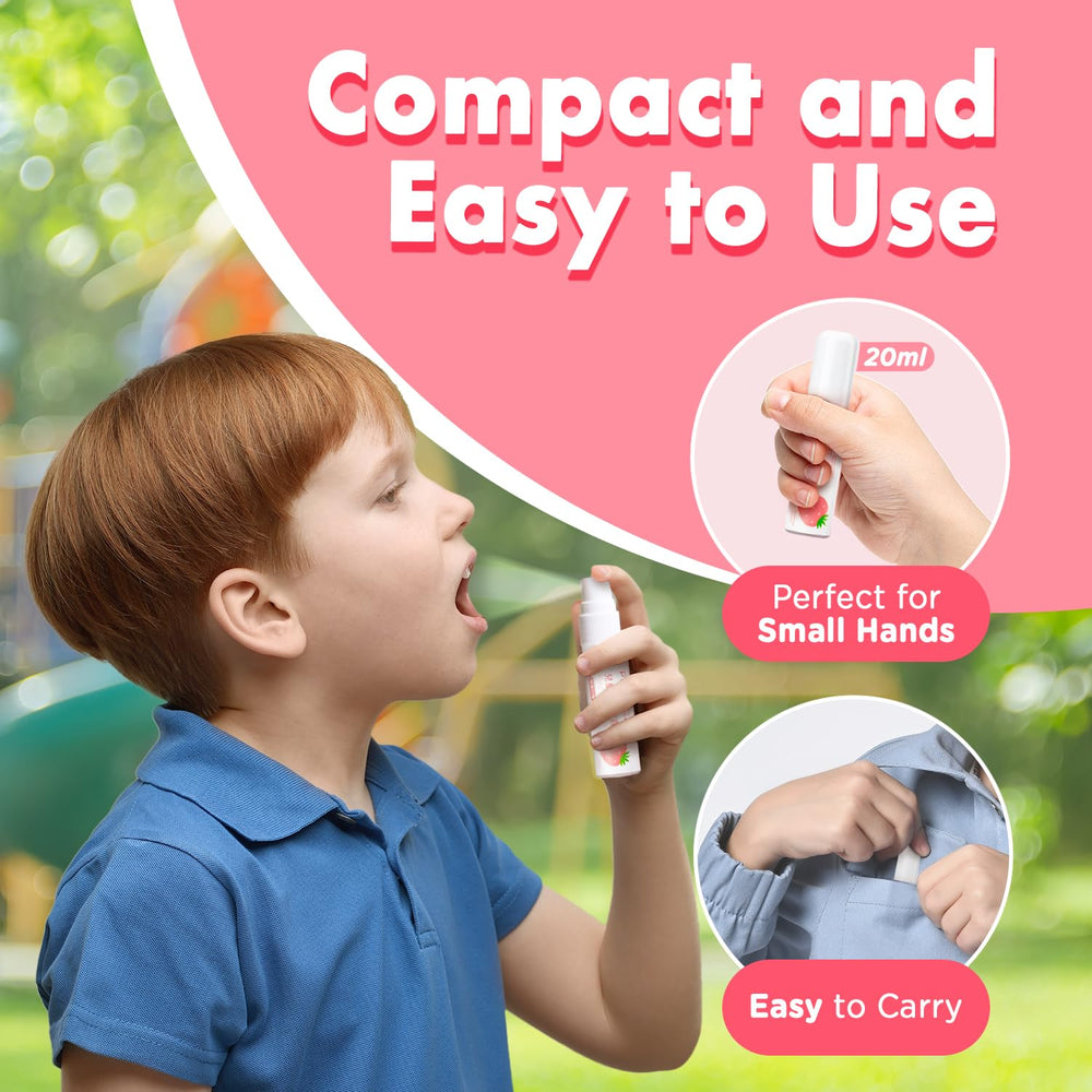 Child applying oh care mouth spray