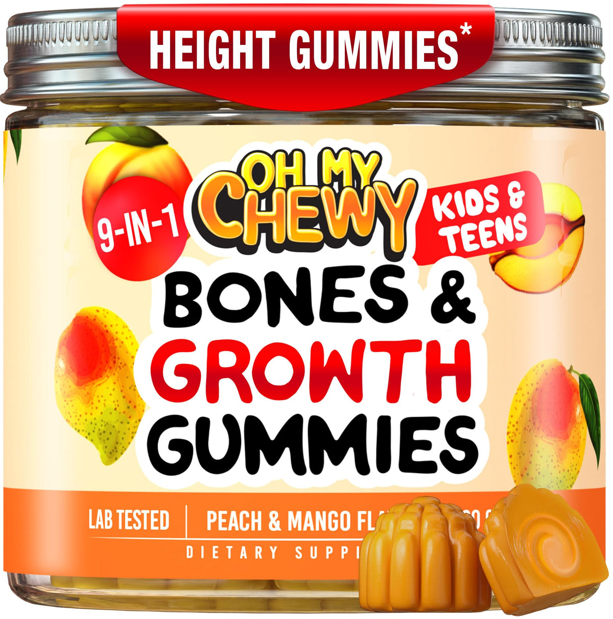 OH MY CHEWY Growth Increase bottle with Peach & Mango gummies