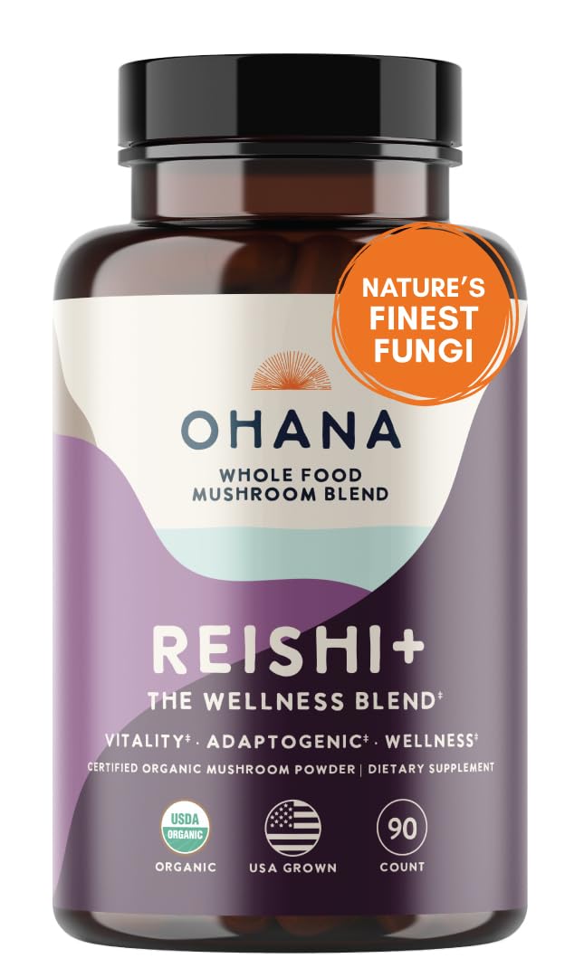 Front label of Ohana Reishi+ bottle