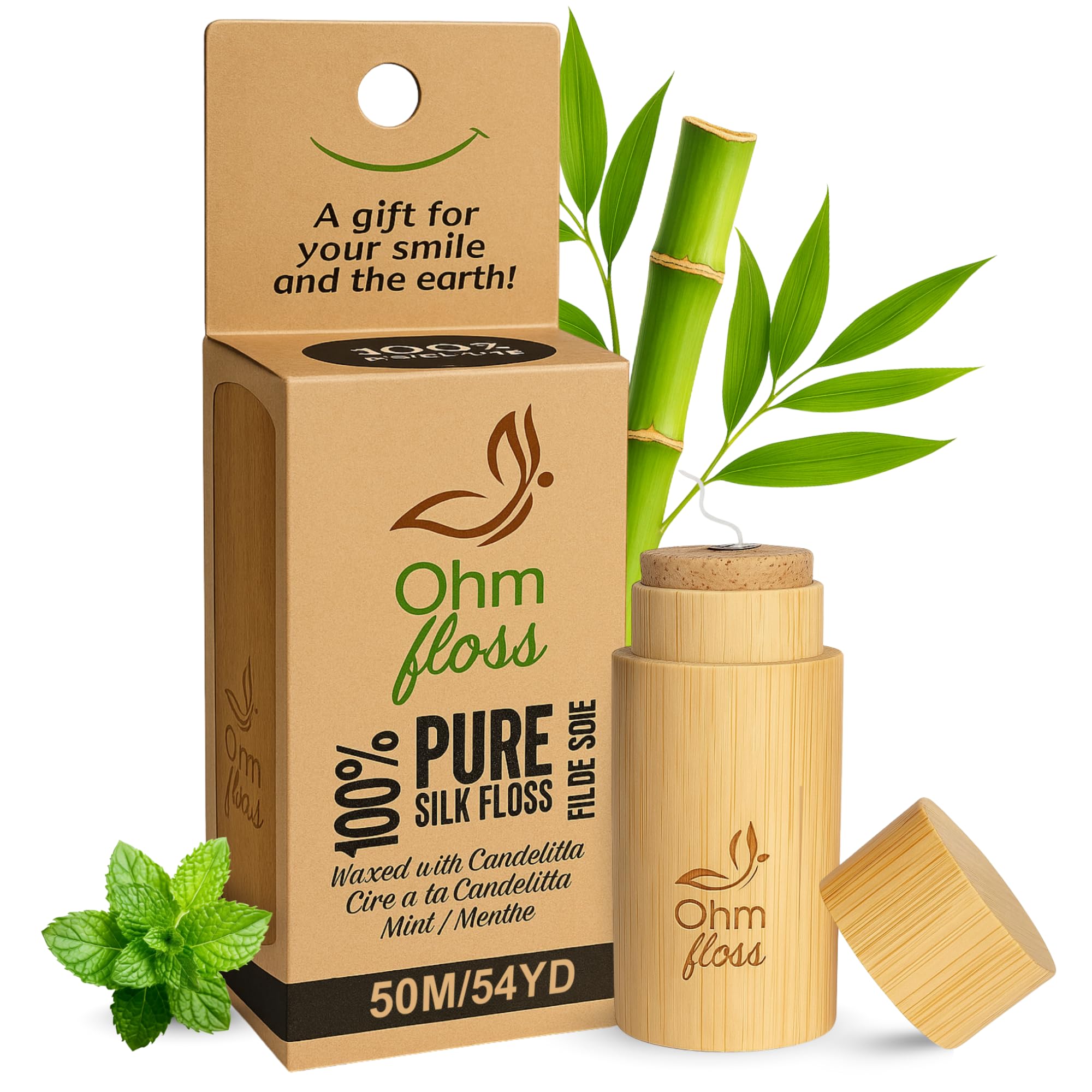 Product image of Ohm Floss silk dental floss with refillable bamboo holder