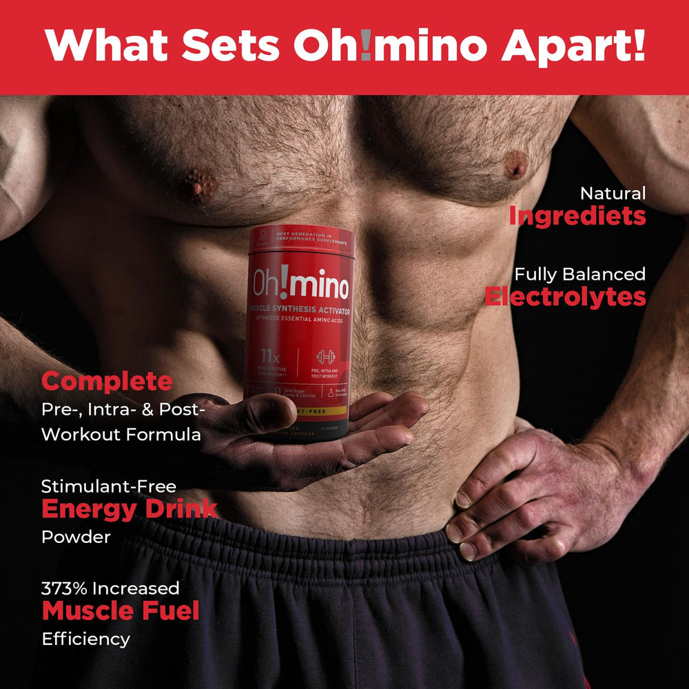 Oh!mino Essential Aminos lifestyle image emphasizes clean vegan nutrition for post-workout recovery.