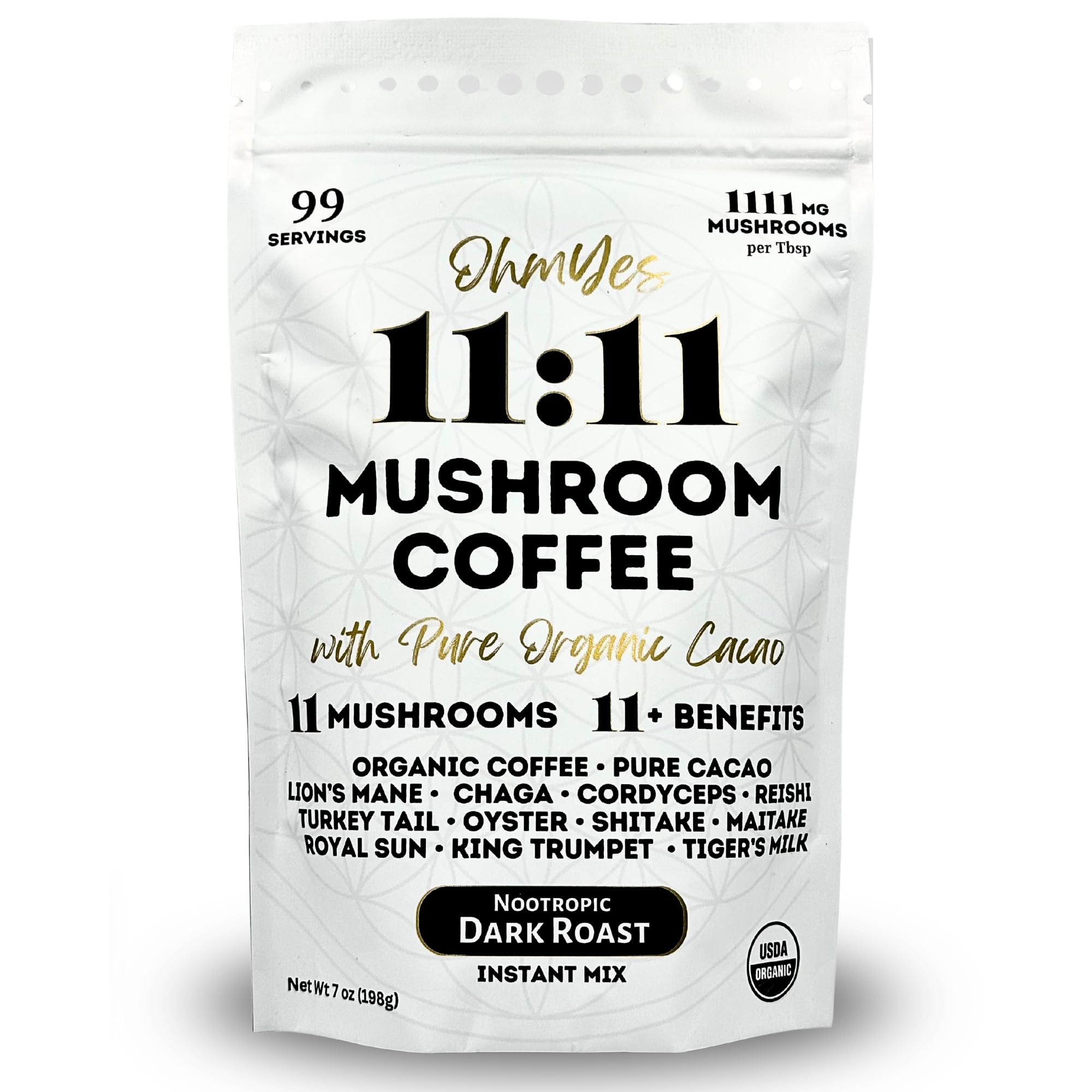 Front label of OhmYes 1111 Mushroom Coffee + Cacao 7oz