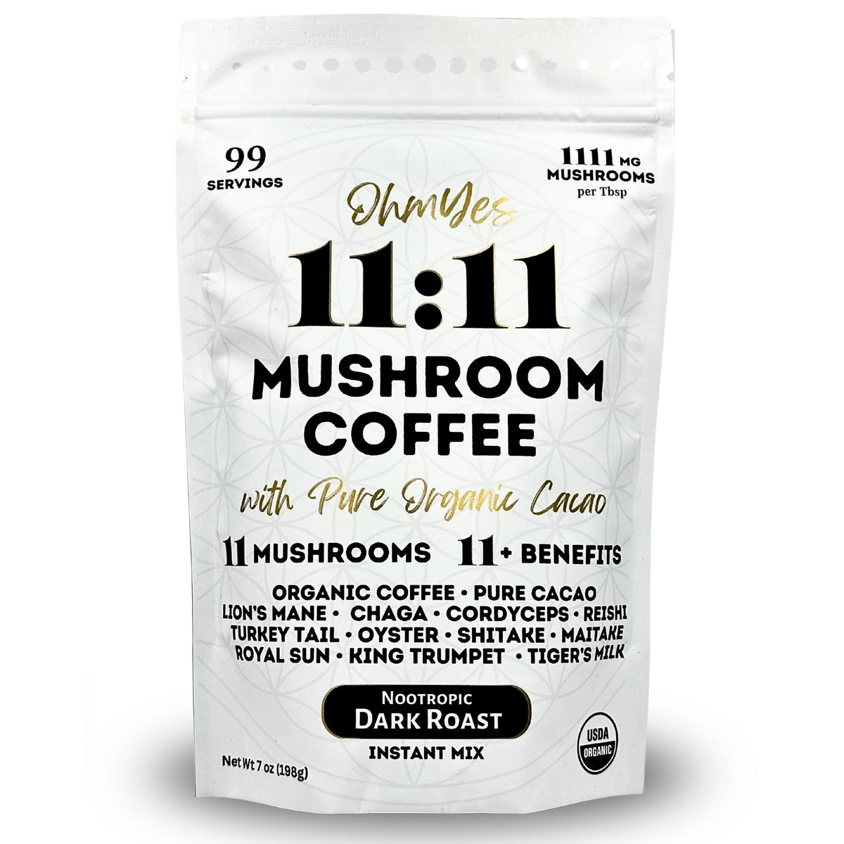 Front label of OhmYes 1111 Mushroom Coffee + Cacao 7oz