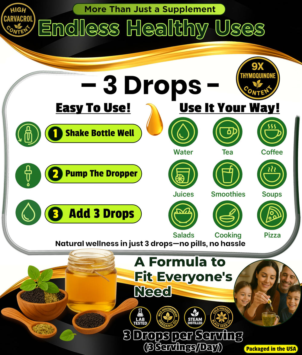Oregano and black seed oil drops added to water or juice