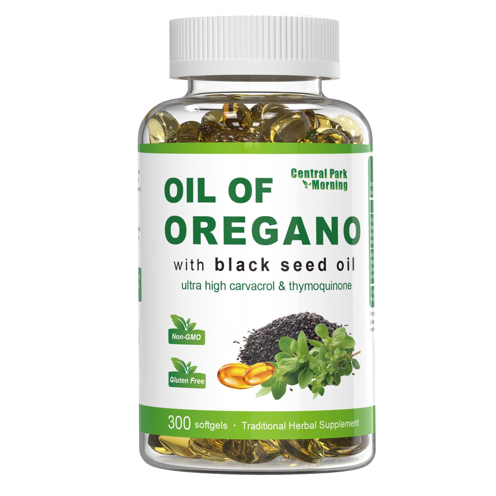 Front view of Oil of Oregano 300 Softgels with Black Seed Oil bottle