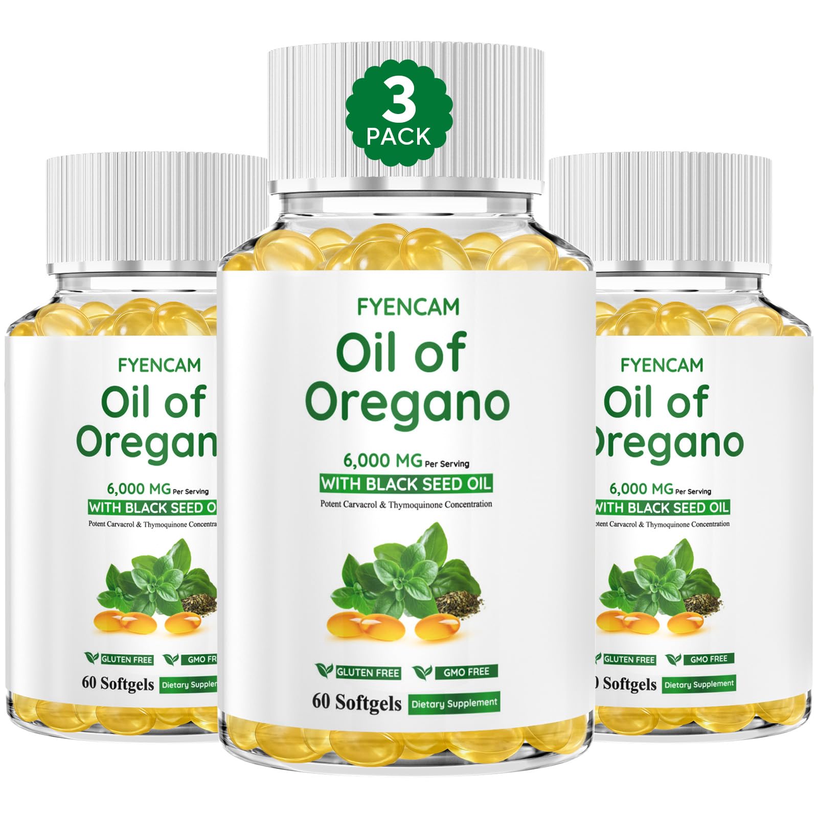Front-facing bottle of Oil of Oregano with Black Seed Oil 6000mg softgels