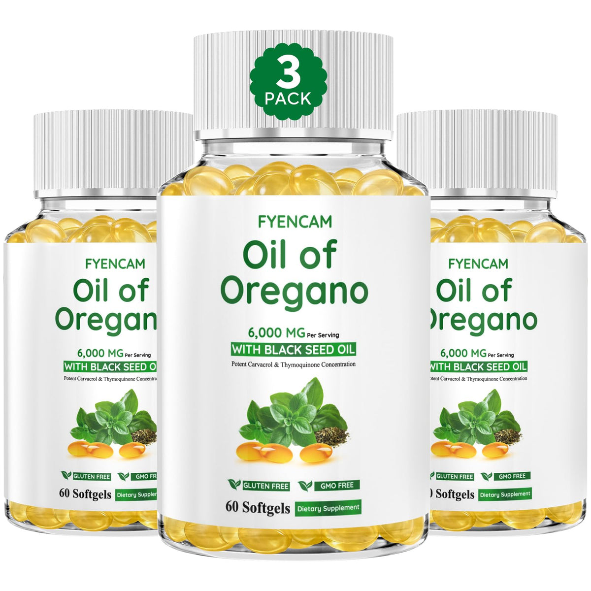 Front-facing bottle of Oil of Oregano with Black Seed Oil 6000mg softgels