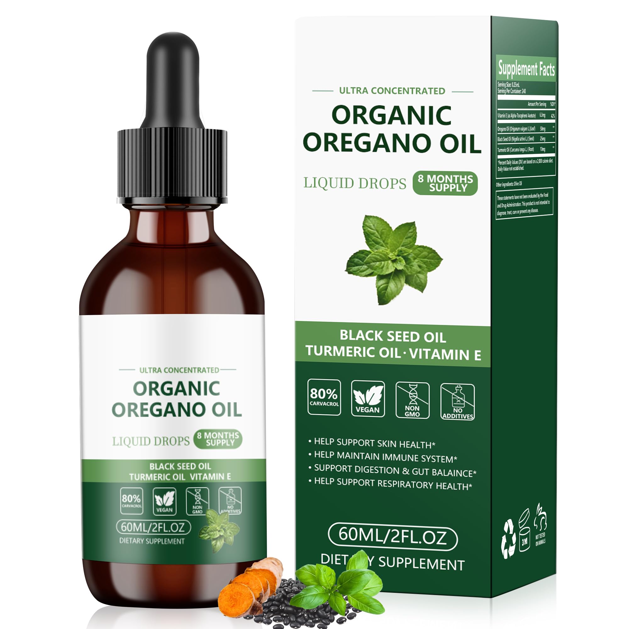 Oil of oregano and black seed oil drops bottle, 2 oz, 8-month supply.