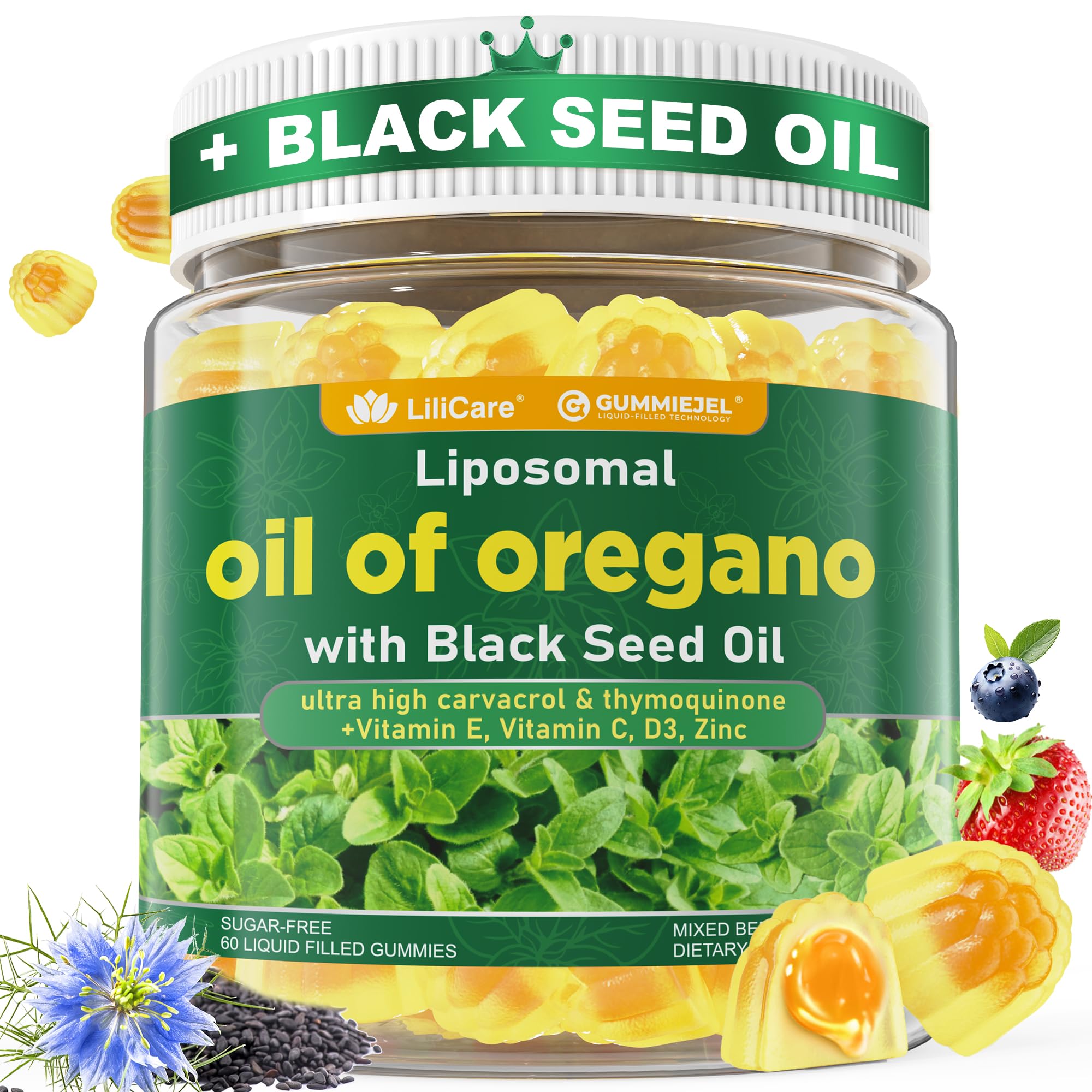 Gummies containing oil of oregano and black seed oil – 2 month supply