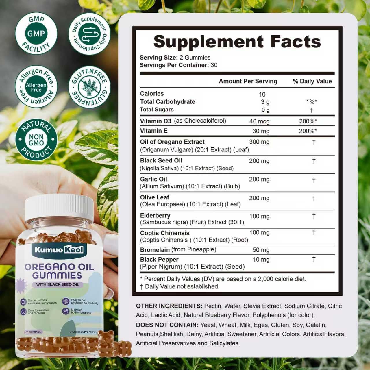 Close up of Oregano oil and Black Seed Oil gummies ingredients panel