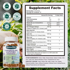 Close up of Oregano oil and Black Seed Oil gummies ingredients panel