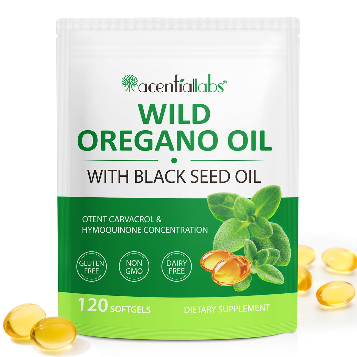 Bottle of Oil of Oregano with Black Seed Oil Softgels showing 6000mg oregano and 200mg black seed oil