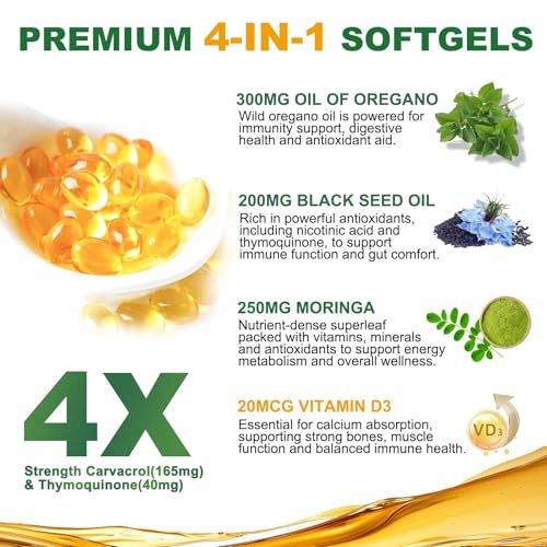 Ingredients label showing oregano oil, black seed oil, moringa, vitamin D3