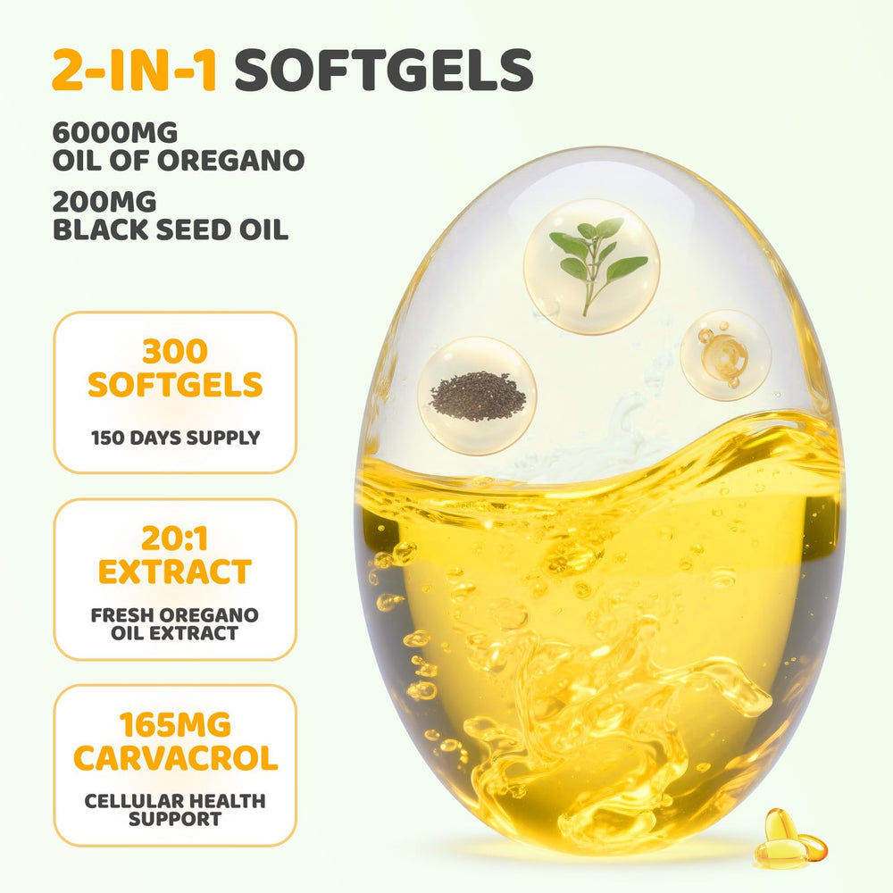 Close-up of bottle label highlighting 6000mg oregano oil