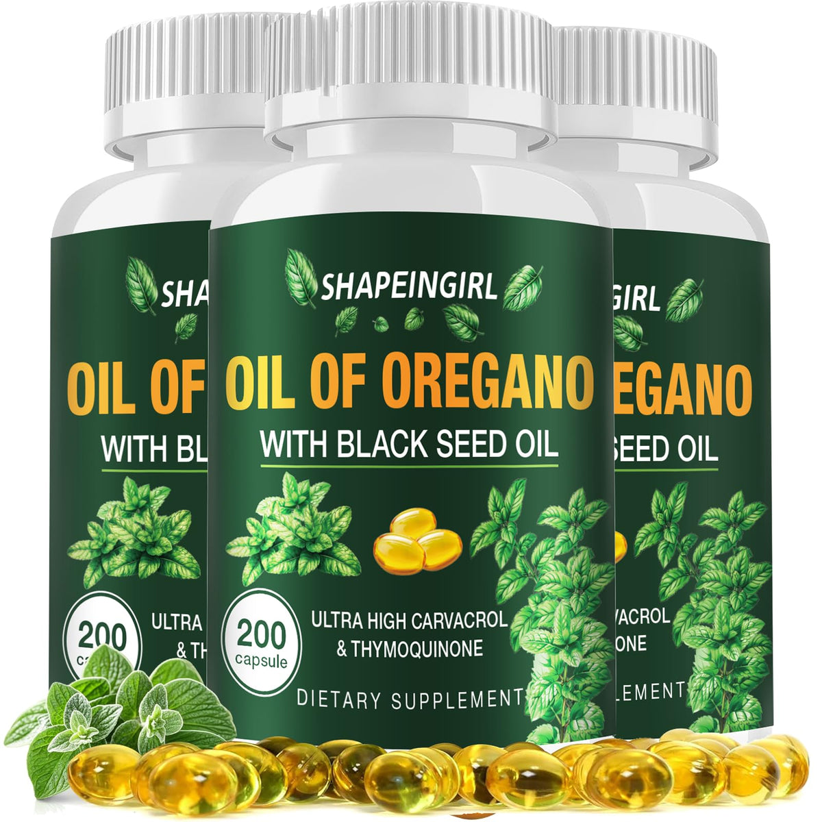 Bottle of Oil of Oregano capsules with black seed oil (600 softgels)