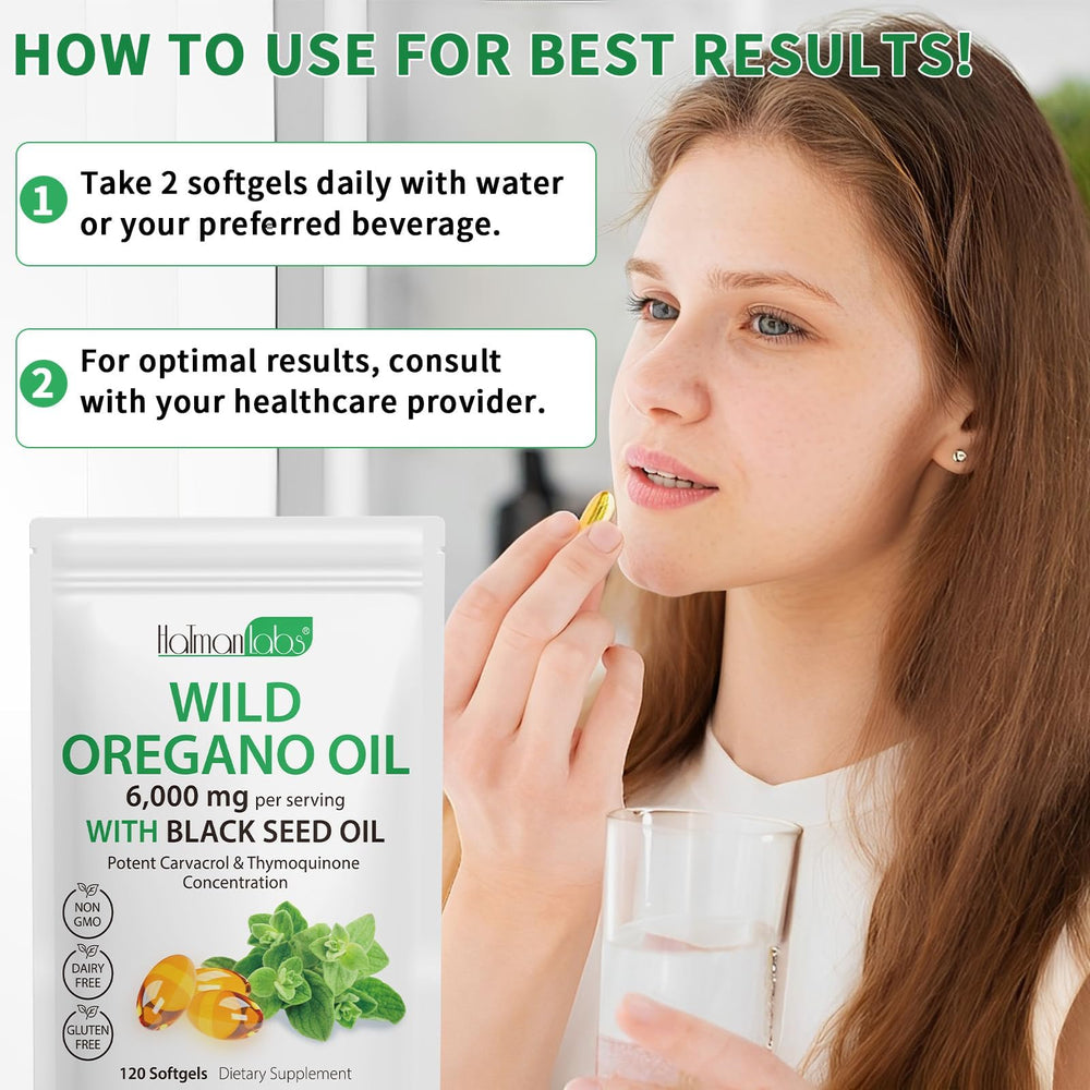 2-in-1 formula graphic: oregano oil and black seed oil capsules