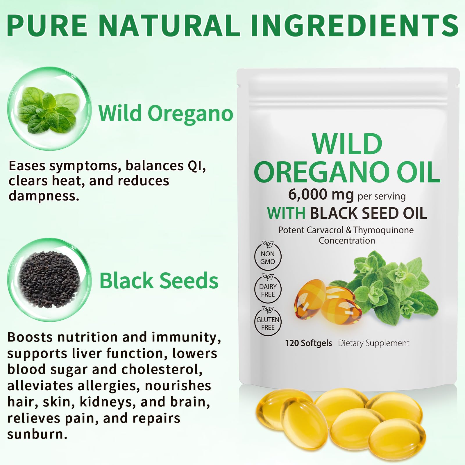 Nutrition ingredients blend: oregano oil, black seed oil, ginger, turmeric