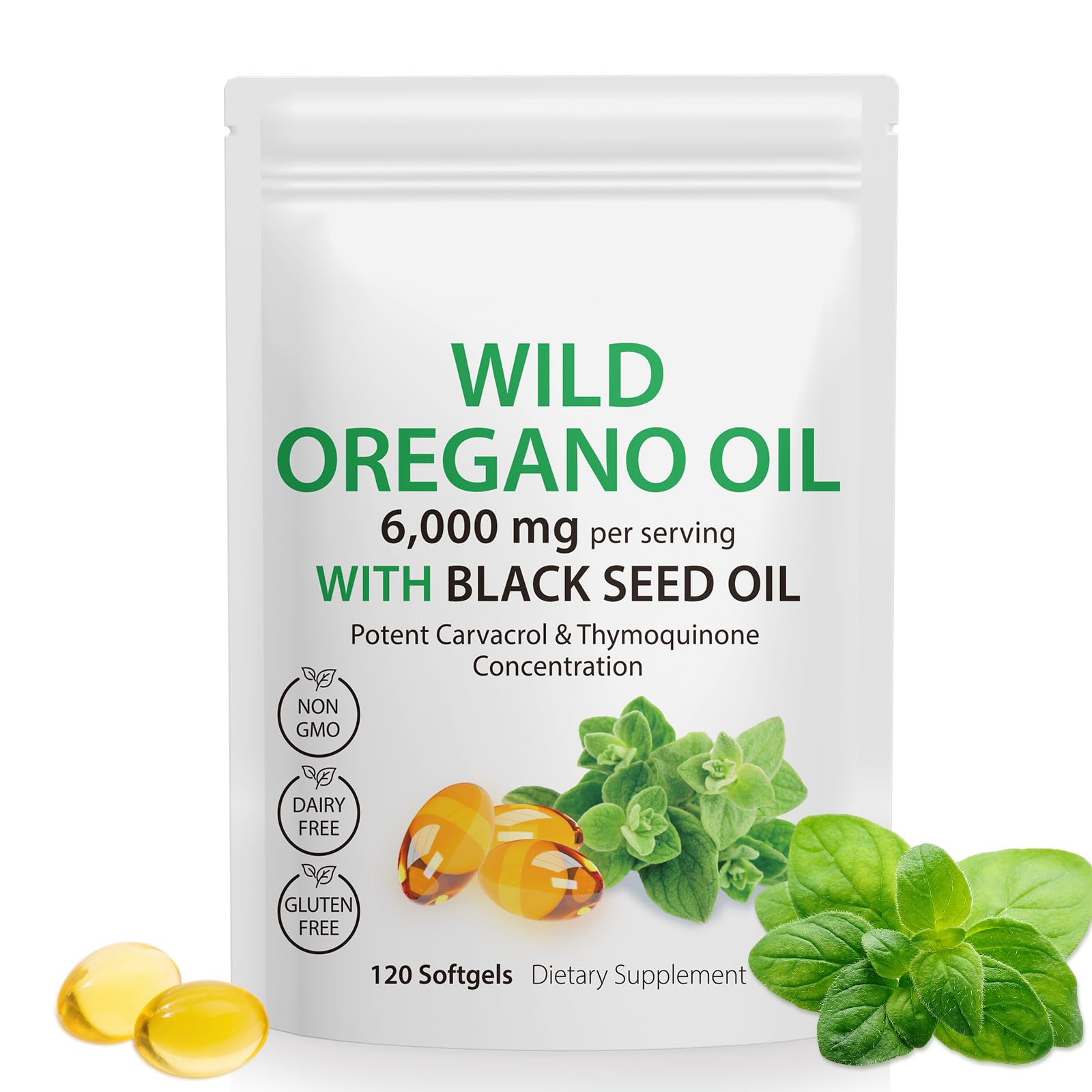 Oil of oregano softgels with 6000 mg oregano oil and 200 mg black seed oil per serving