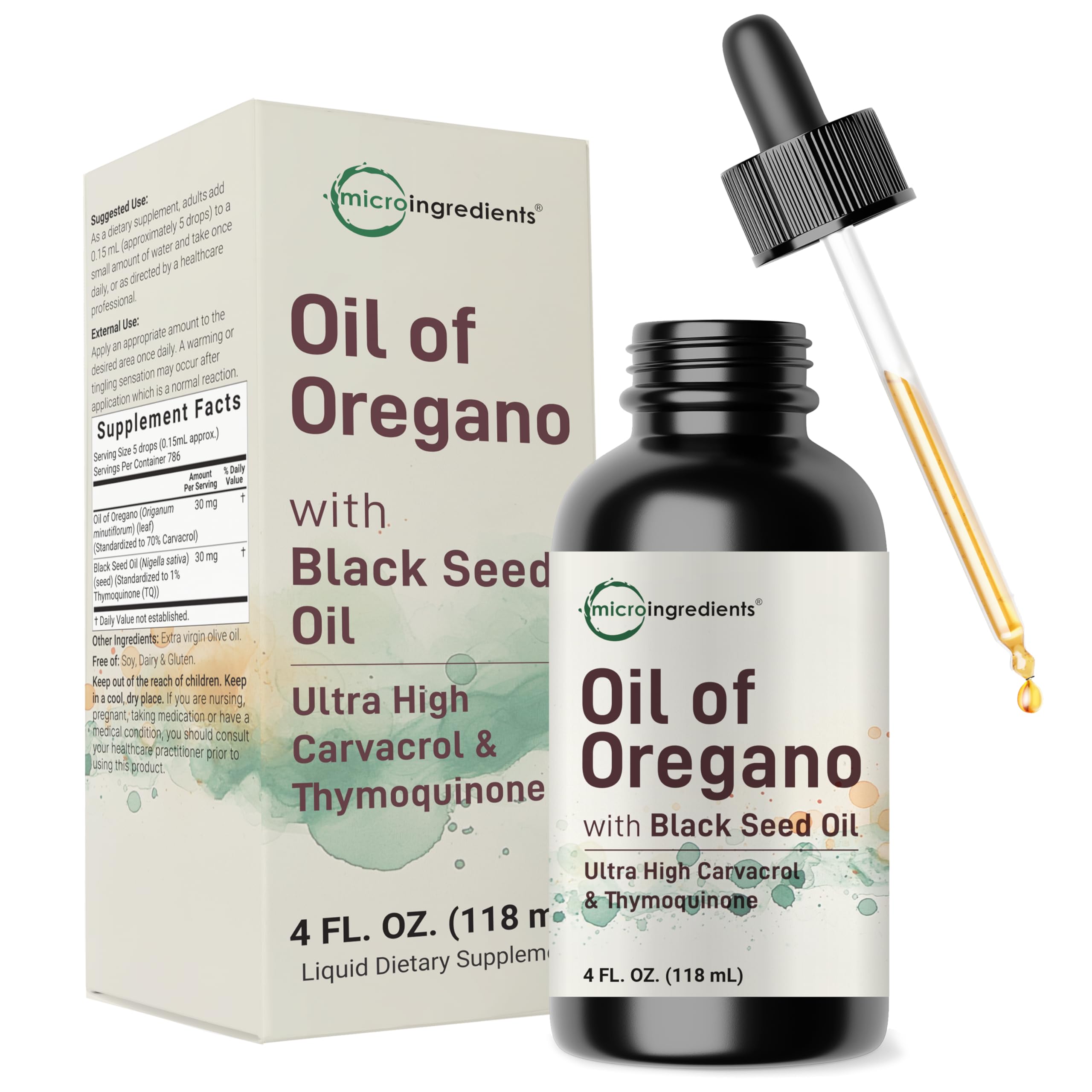 Front view of Oil of Oregano with Black Seed Oil 4oz bottle
