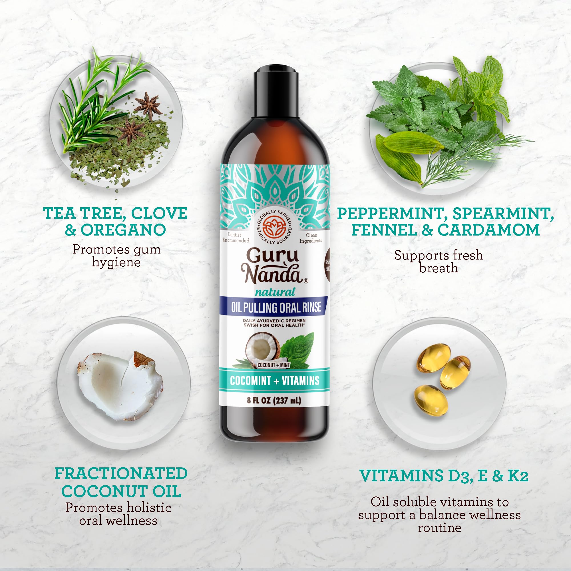 Close-up of amber bottle of CocoMint Oil Pulling Mouthwash