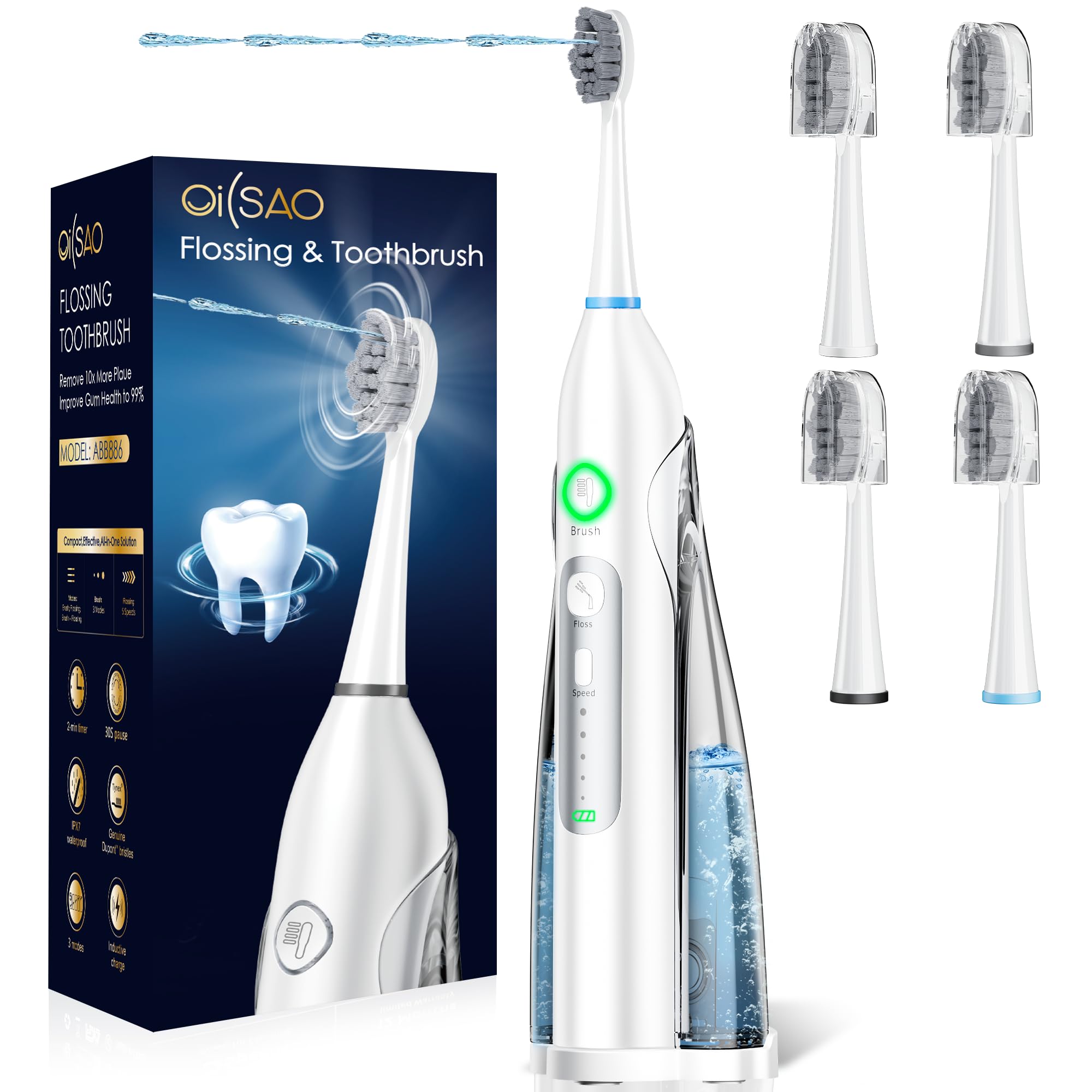 OILSAO electric toothbrush with integrated water flosser, white, front view
