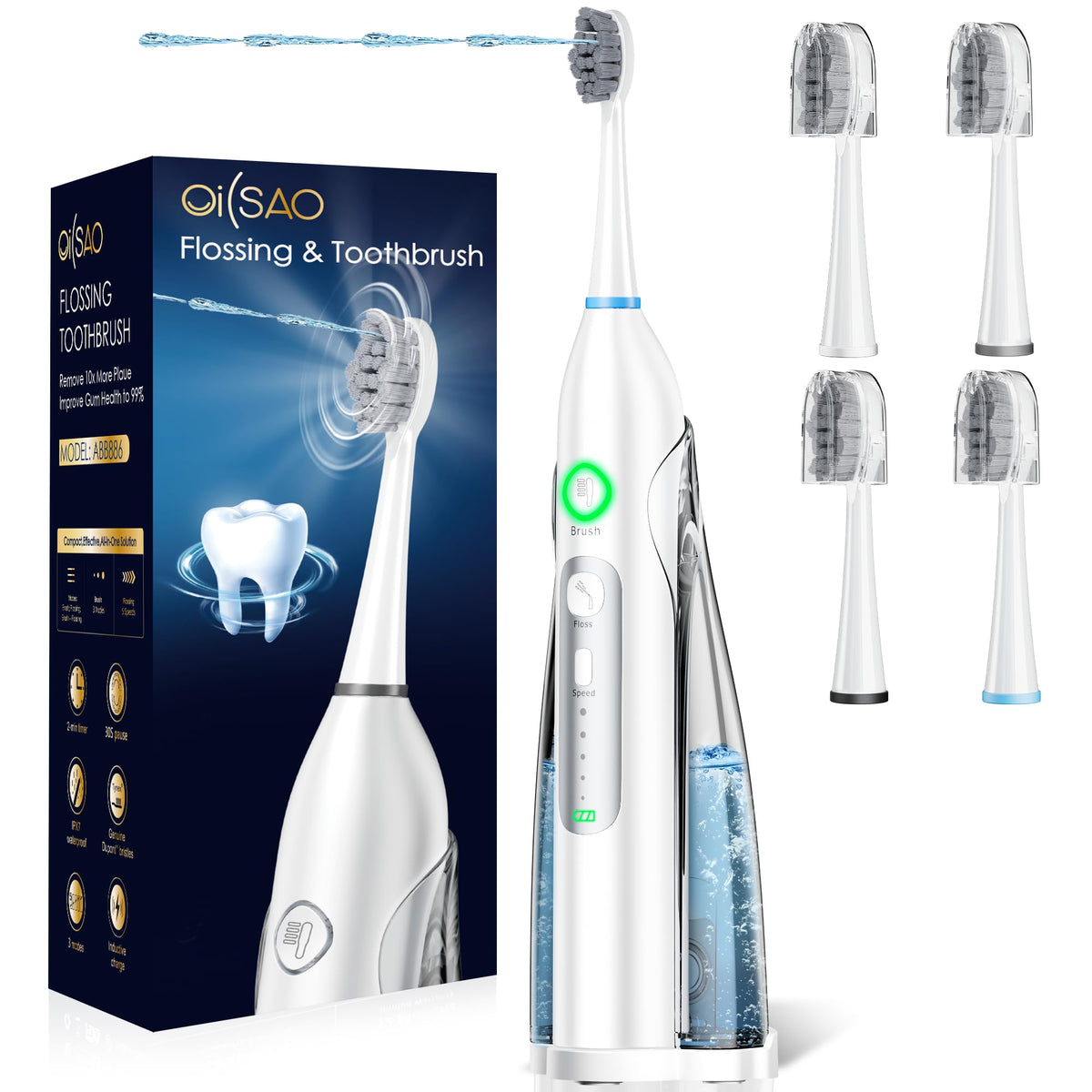 OILSAO electric toothbrush with integrated water flosser, white, front view