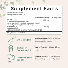 Back label of Oil of Oregano Softgels bottle